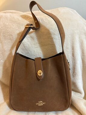Coach Brown Suede Shoulder Bag with Turnlock Strap